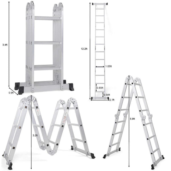 12 FT. Folding Ladder, 7-in-1 Multi Purpose Extension Aluminum Ladder 12.2 Kg,