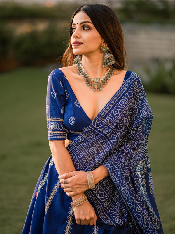 Navy Blue Printed Lehenga For Women