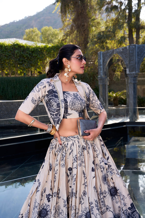 CRM Tussar Silk Floral Printed Lehenga For Women