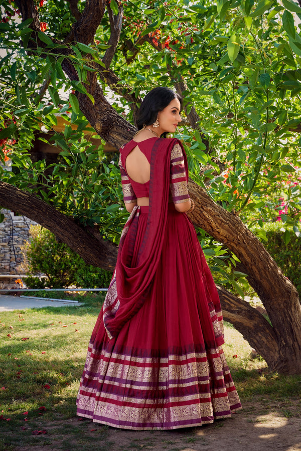 RED Pure Chanderi Plain Lehenga For Women