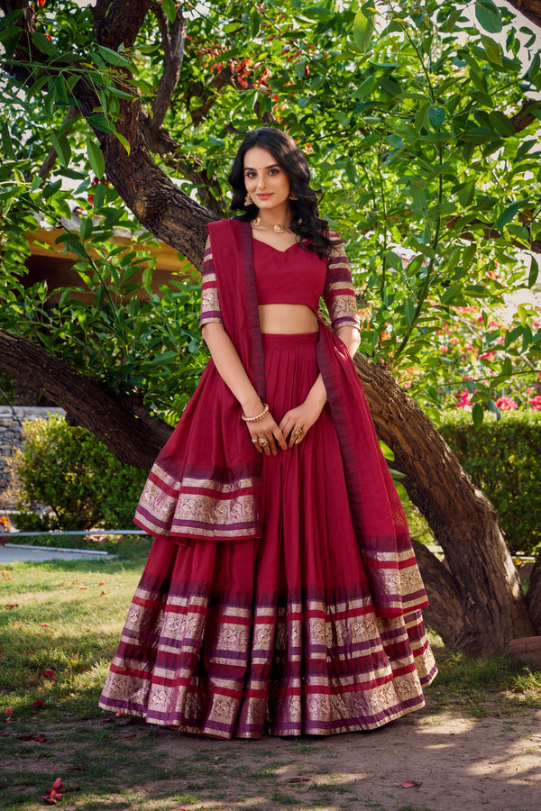 RED Pure Chanderi Plain Lehenga For Women