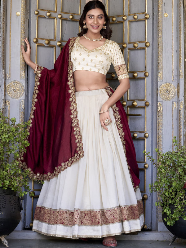 Vichitra Silk Thread Embroiderd Lehenga With Dupatta  OWT