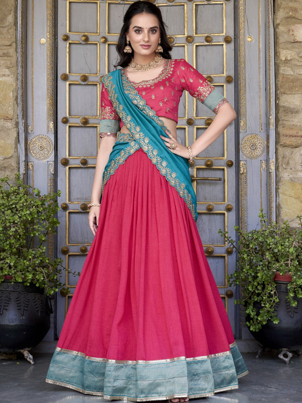Vichitra Silk Thread Embroiderd Lehenga With Dupatta  PNK