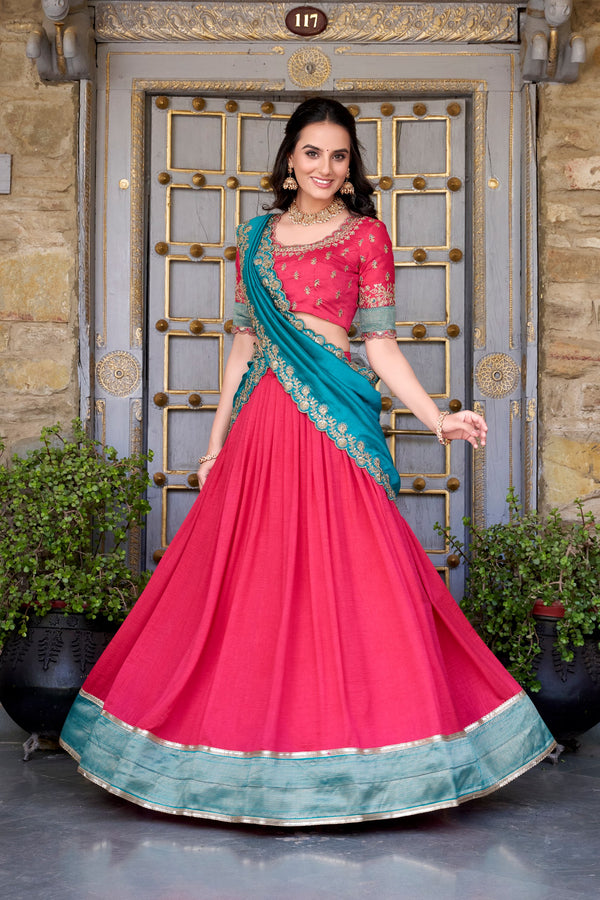 Vichitra Silk Thread Embroiderd Lehenga With Dupatta  PNK