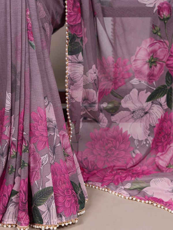 Weightless Marble Floral Printed Saree GRY