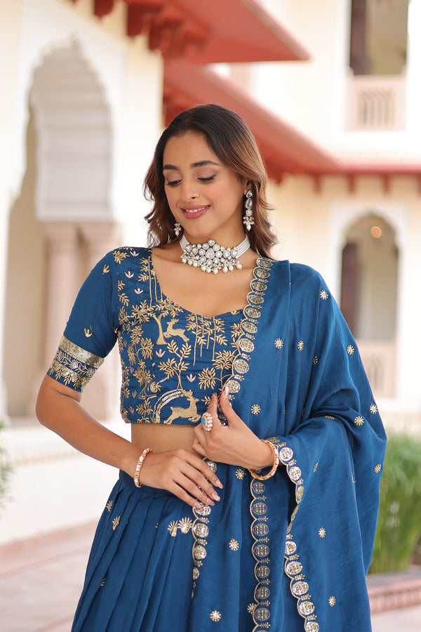 Vichitra Silk Thread Embroidered Lehenga With Dupatta  BLUE