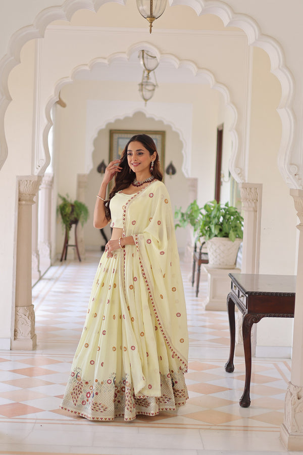 Vichitra Silk Multi Thread Embroidered Lehenga With Dupatta WHT