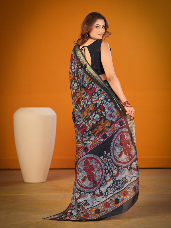 Viscose Chanderi Kalamkari Printed Saree BLK