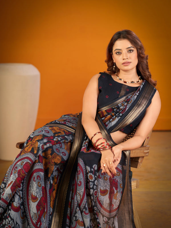 Viscose Chanderi Kalamkari Printed Saree BLK