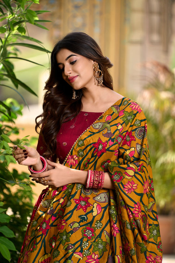 Tussar Silk Kalamkari Printed Lehenga For Women RED