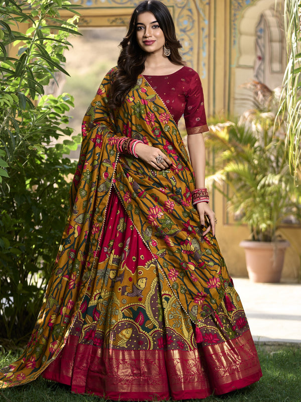 Tussar Silk Kalamkari Printed Lehenga For Women RED