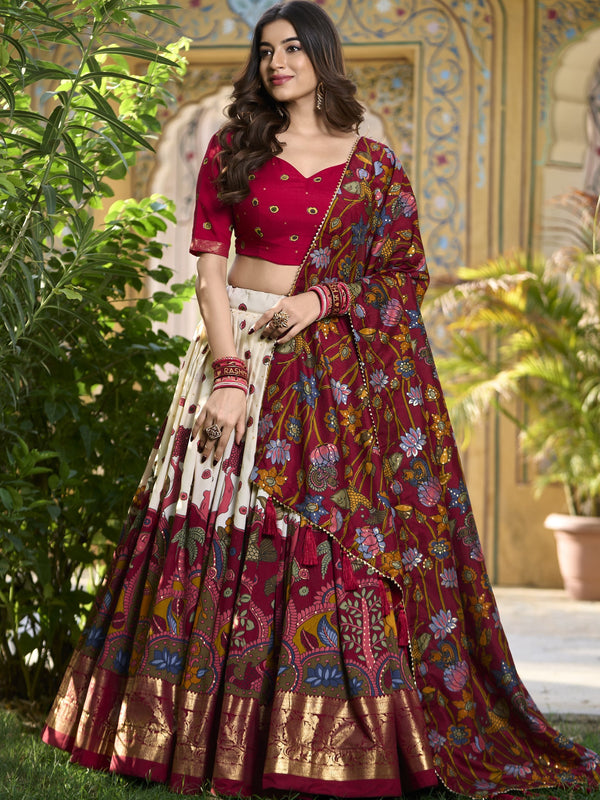 Tussar Silk Kalamkari Printed Lehenga For Women OWT