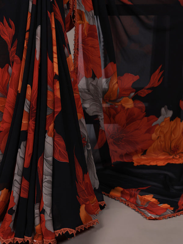 Marble Floral Printed Saree For Women RED