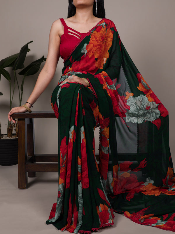 Marble Floral Printed Saree For Women RED