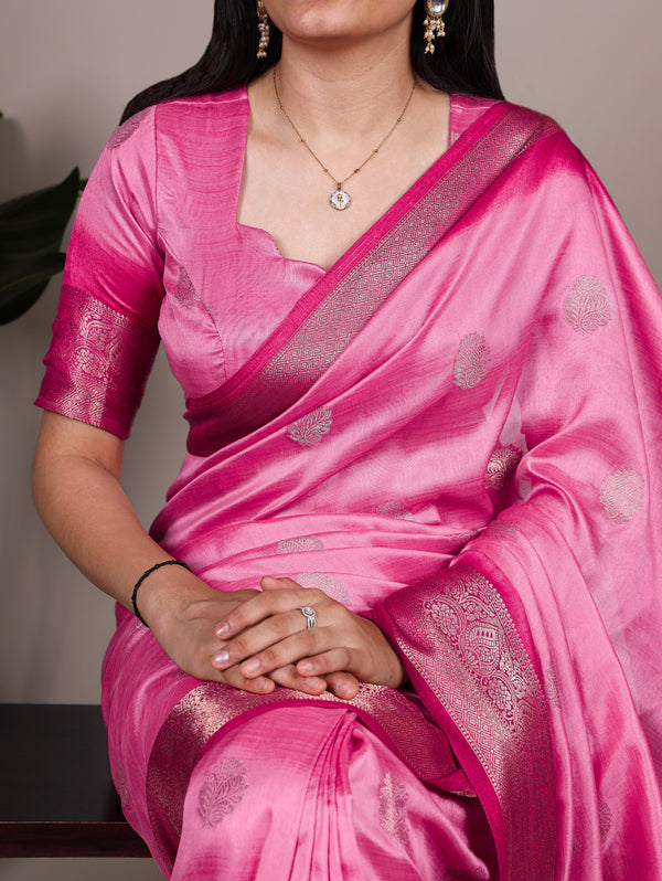 Rumali Silk Zari Weaving Saree For Women PNK