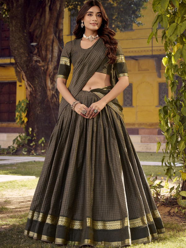 Chettinad Cotton Chex Zari Weaving Lehenga For Women GRY