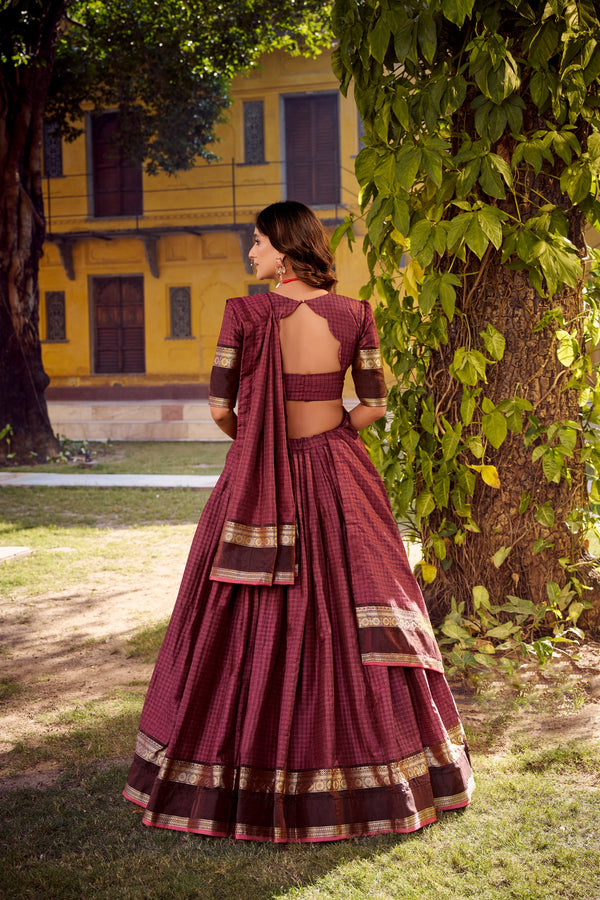 Chettinad Cotton Chex Zari Weaving Lehenga For Women MLB