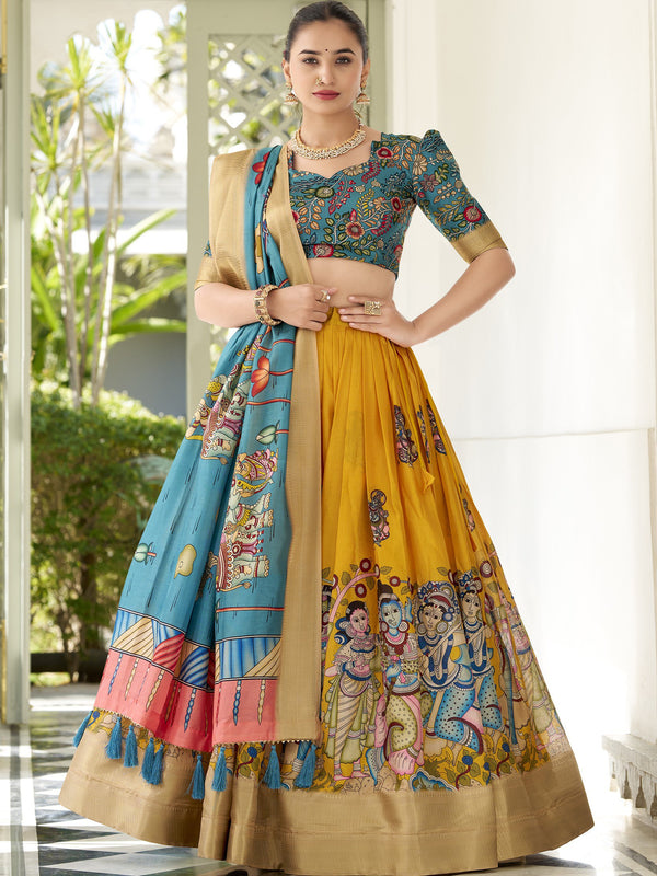 Dola Silk Kalamkari Printed Lehenga For Women YLW
