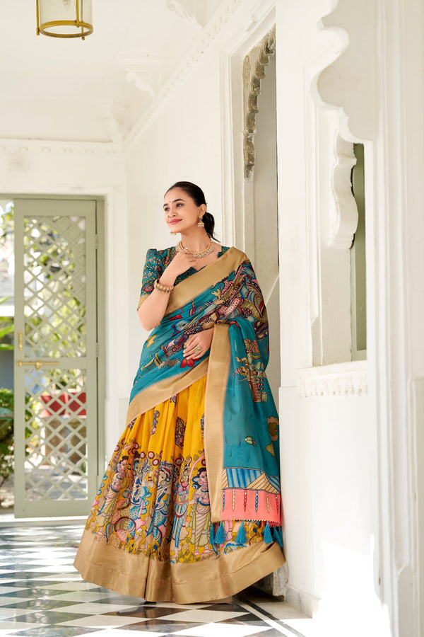 Dola Silk Kalamkari Printed Lehenga For Women YLW