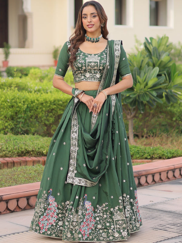 Vichitra Silk Thread Embroidered Lehenga With Dupatta GRN