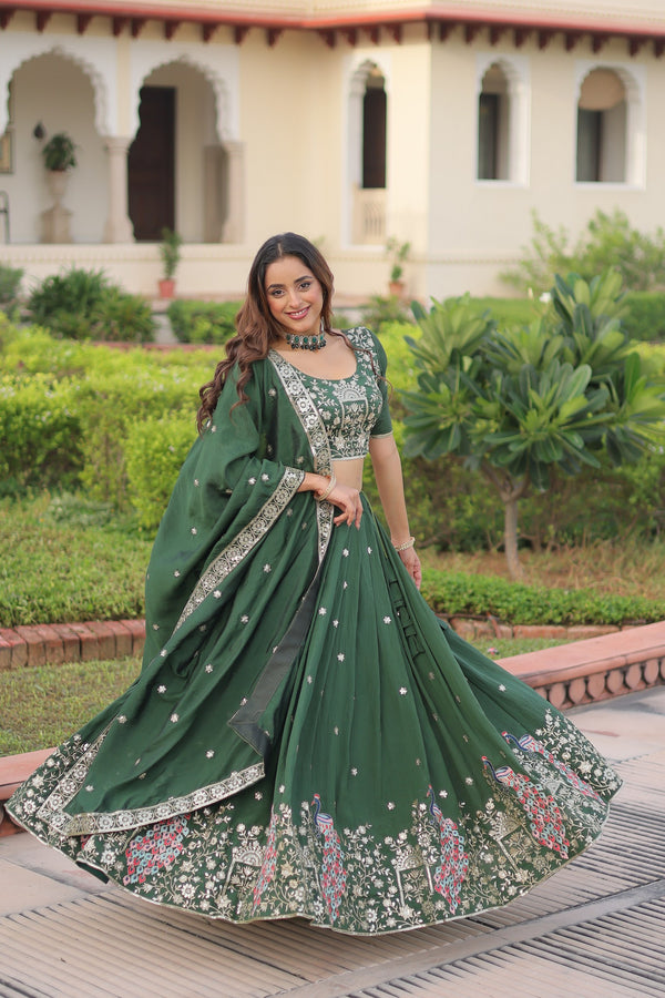 Vichitra Silk Thread Embroidered Lehenga With Dupatta GRN