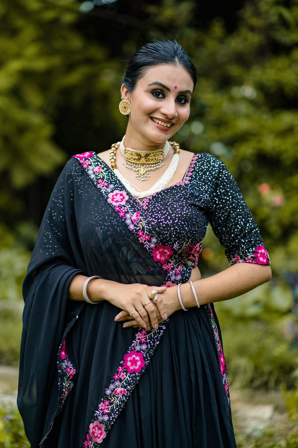 Georgette Embroidered Lehenga With Dupatta BLK