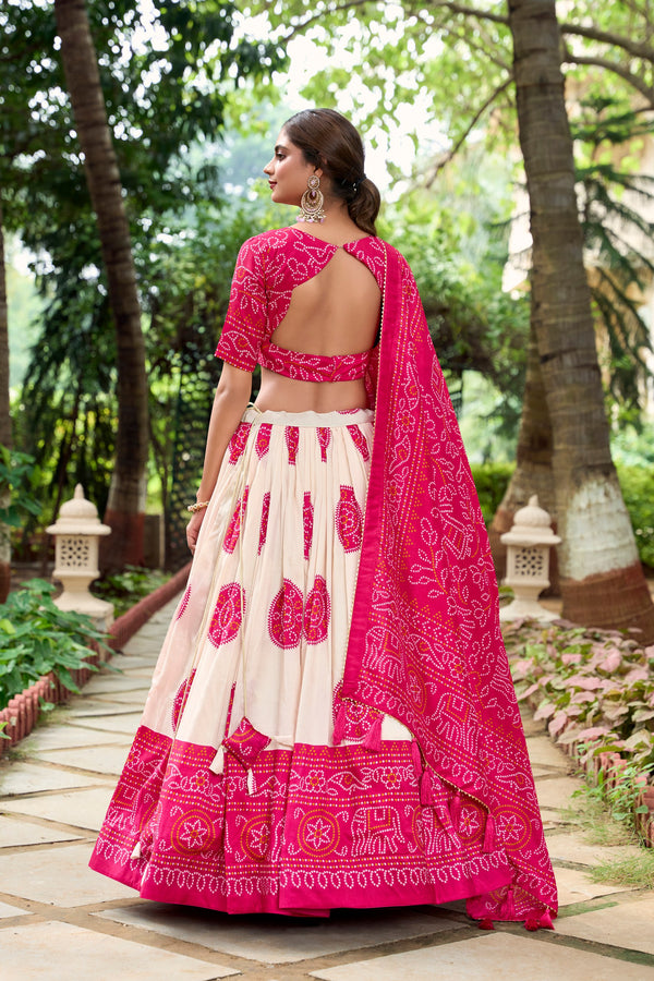 Tussar Silk Bandhej Printed Lehenga For Women PNK