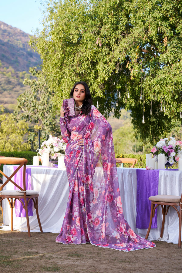 Weightless marble Printed Saree With Pearl Lace Border ONN