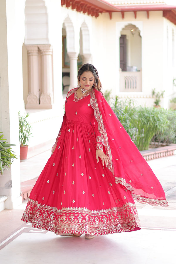 Vichitra Silk Zari Embroidered Gown With Dupatta