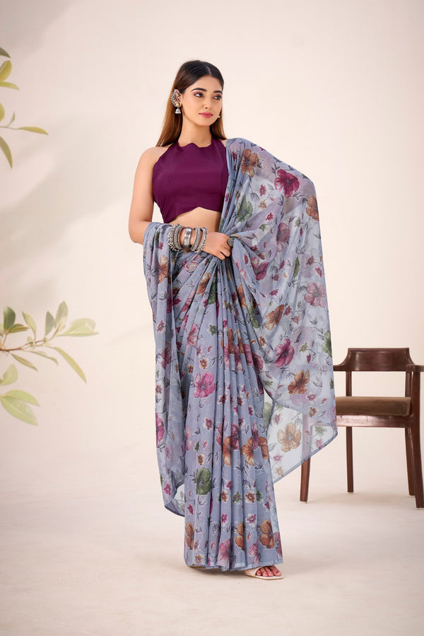 Lurex Brasso Floral Printed Saree GRY