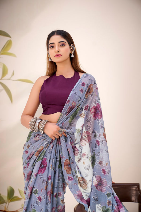 Lurex Brasso Floral Printed Saree GRY
