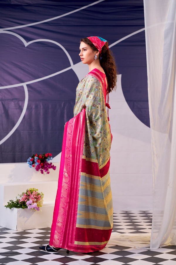 Tussar Silk Floral Prinetd Saree PNK