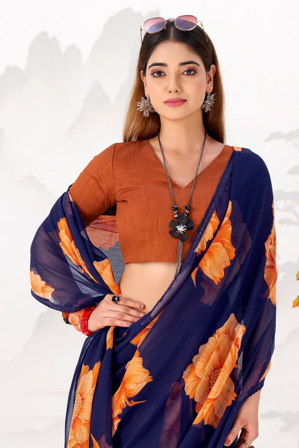 Chiffon Floral Printed Saree With Lace Border NBL