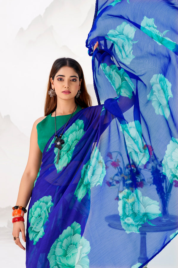 Chiffon Floral Printed Saree With Lace Border RBL