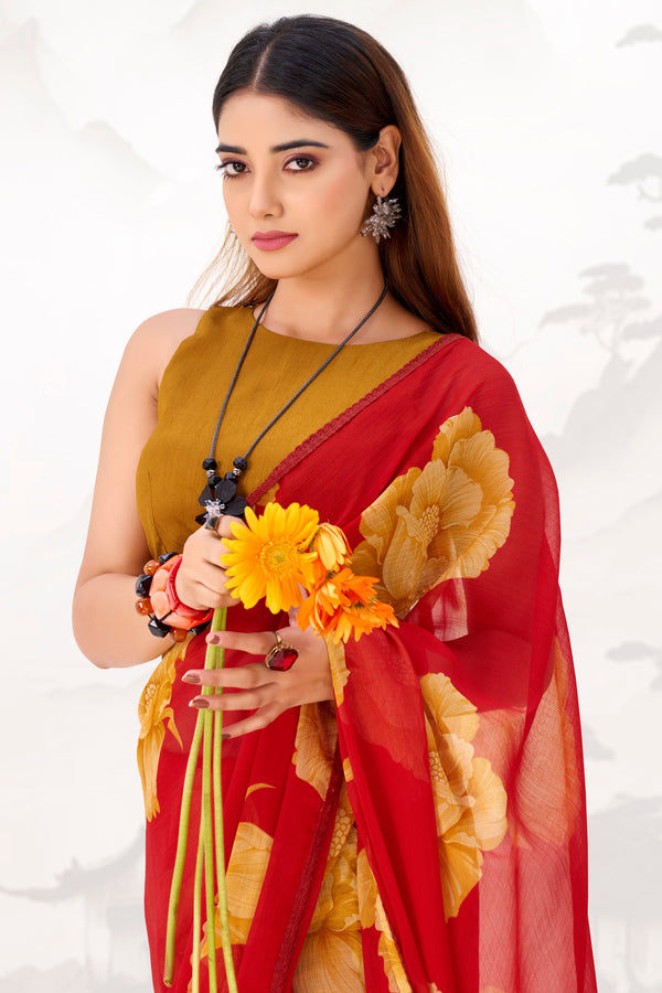 Chiffon Floral Printed Saree With Lace Border RED