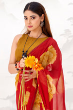 Chiffon Floral Printed Saree With Lace Border RED