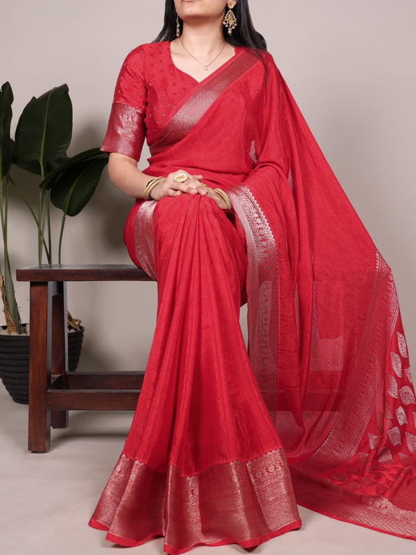 Chinon Self Printed Zari Weaving Saree RED