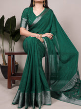 Chinon Self Printed Zari Weaving Saree GRN