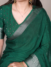 Chinon Self Printed Zari Weaving Saree GRN