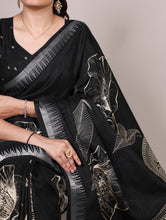 Slub Silk Floral Printed Saree  BLK