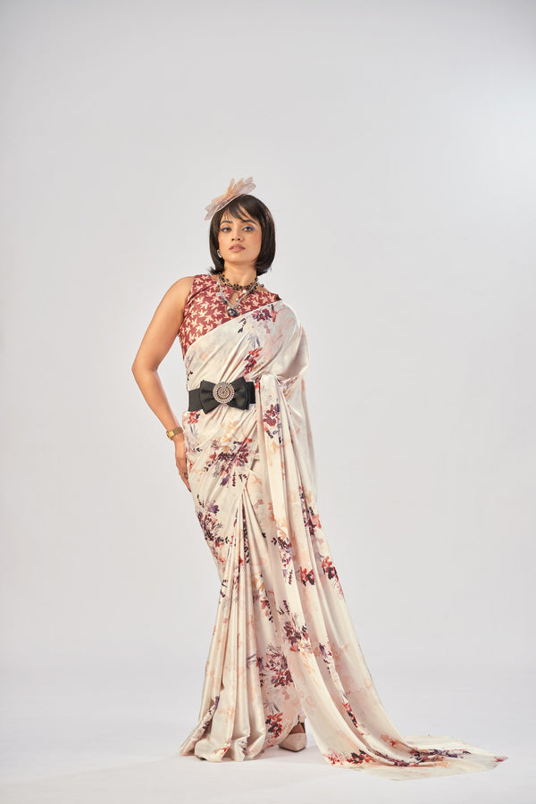 Satin Silk Printed Saree WHT