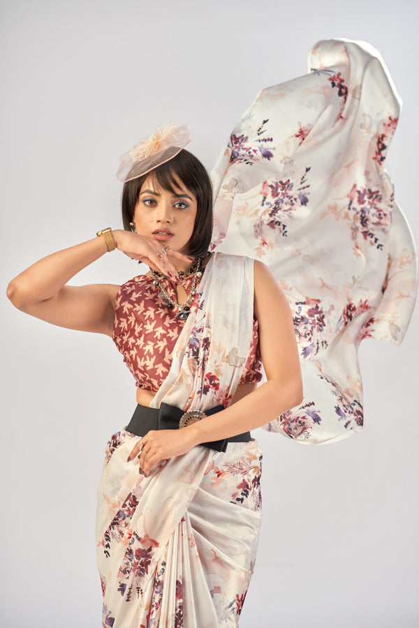 Satin Silk Printed Saree WHT