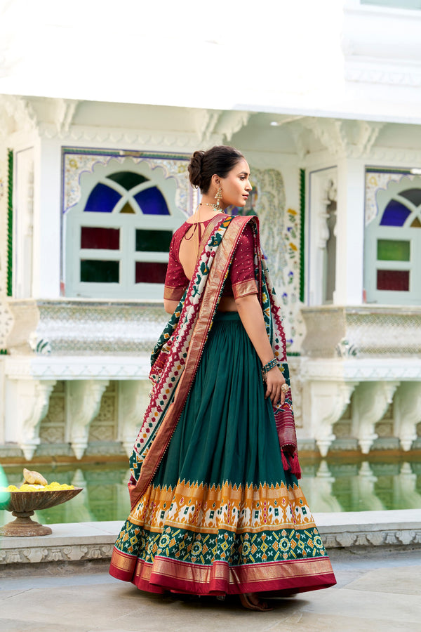 Tussar Silk Patola Printed lehenga With Dupatta GRN