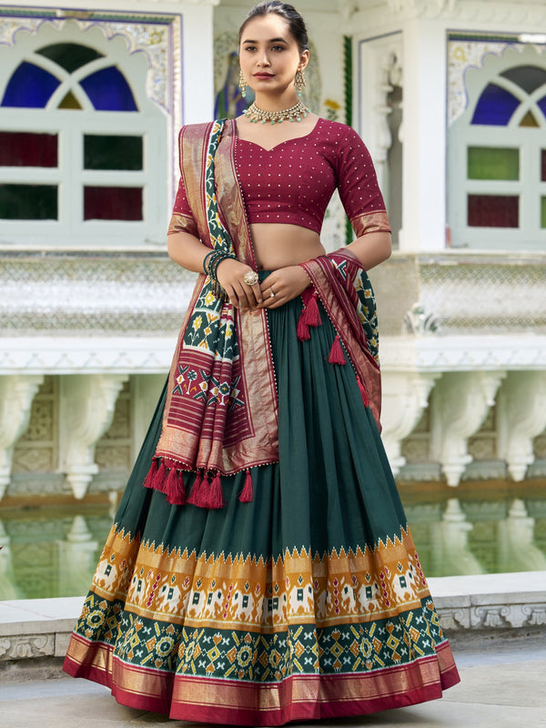 Tussar Silk Patola Printed lehenga With Dupatta GRN