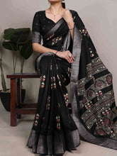 Slub Silk Printed Saree BLK