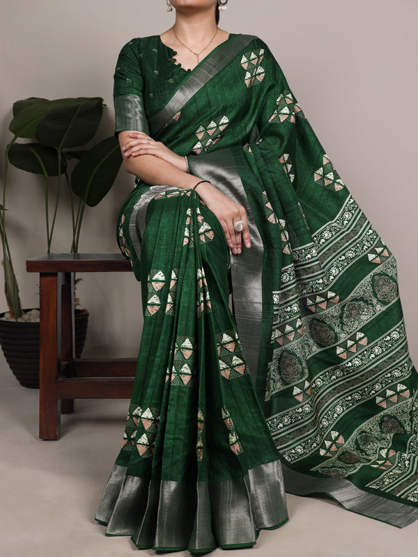 Slub Silk Printed Saree GRN