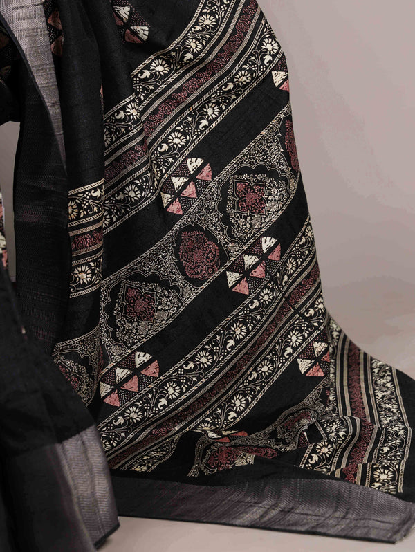 Slub Silk Printed Saree BLK