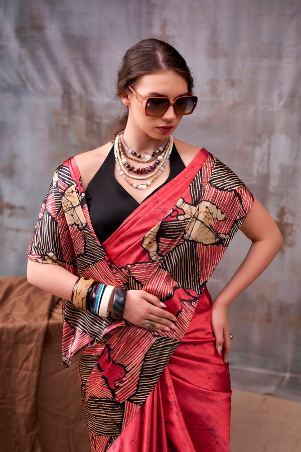 Satin Silk Printed Saree RED