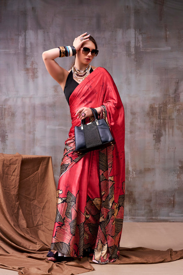 Satin Silk Printed Saree RED