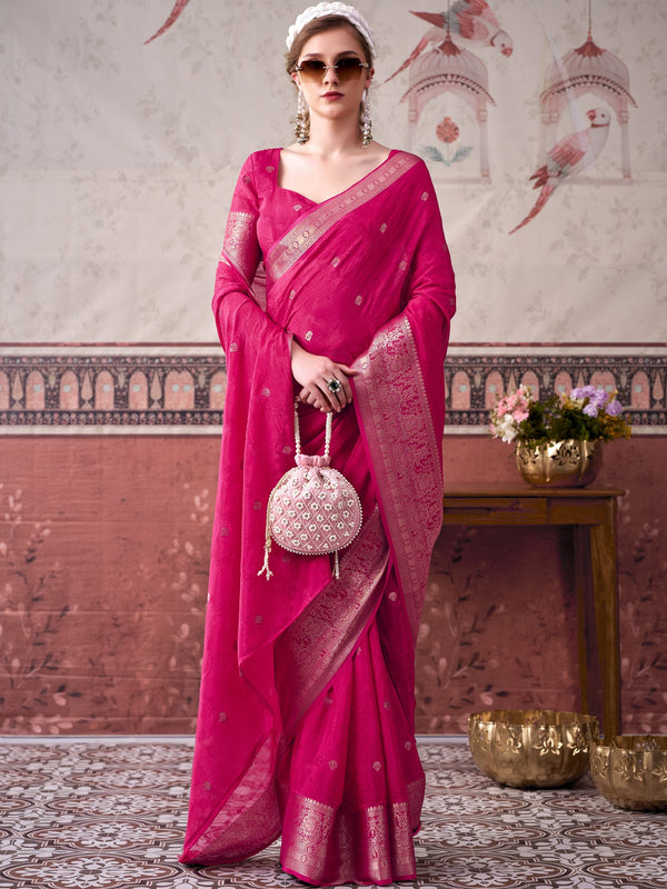 Chinon Zari Weaving Saree PNK